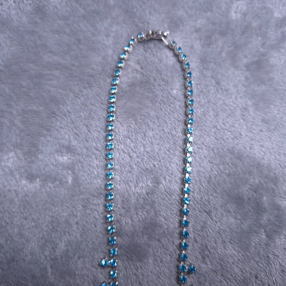 Vintage Blue Rhinestone Necklace & Drop Screwback Earrings Set Dangle Teardrop - Picture 3 of 9